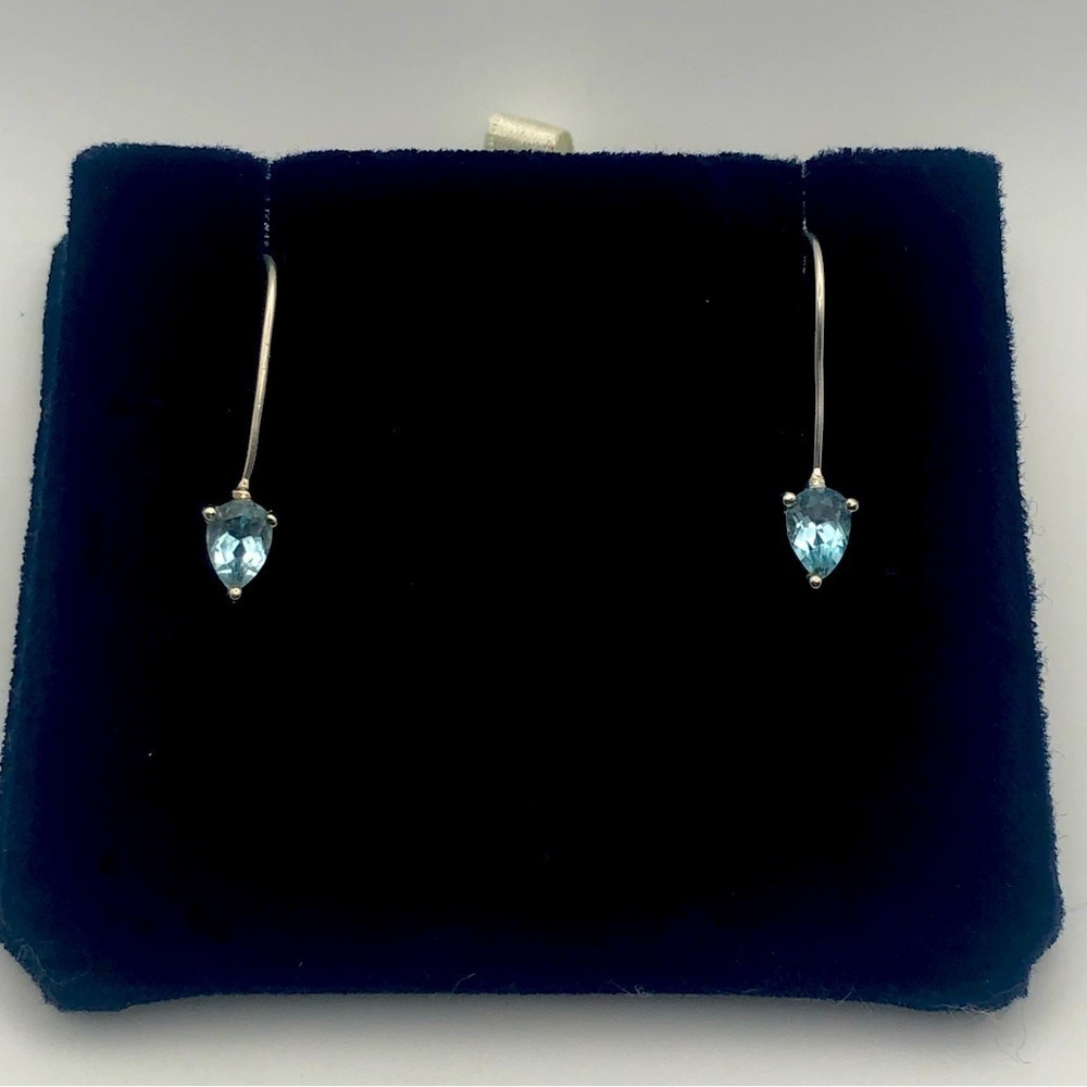 VTG Blue Topaz Sterling Silver Long Hook Earrings 1.1” Total